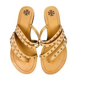 Tory Burch Patos Studded Strappy Leather Sandals Natural Vachetta Tan Size 9